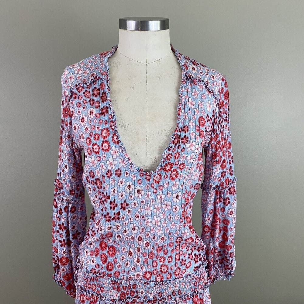 Poupette St Barth $430 Womens Floral Mini Dress XS Blue Rayon V-Neck Beach Boho - Picture 2 of 11